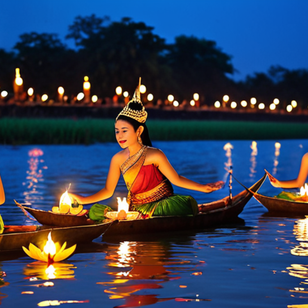 A vibrant and colorful Loy Krathong festival scene in Sukhothai, Thailand. Capture the beauty of the floating krathongs on the river, illuminated by candlelight, with traditional Thai dancers performing in the background. Showcase the cultural significance and joyful atmosphere of the event.
