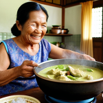 **

Prompt: A warmly lit kitchen scene in a traditional Thai home. An elderly Thai grandmother (Yaai) is smiling, stirring a pot of vibrant green chicken curry (Gaeng Keow Wan Gai). The aroma fills the air. Focus on the steam rising from the pot and the loving expression on the grandmother's face. Bowls of rice and side dishes are on a wooden table.

**