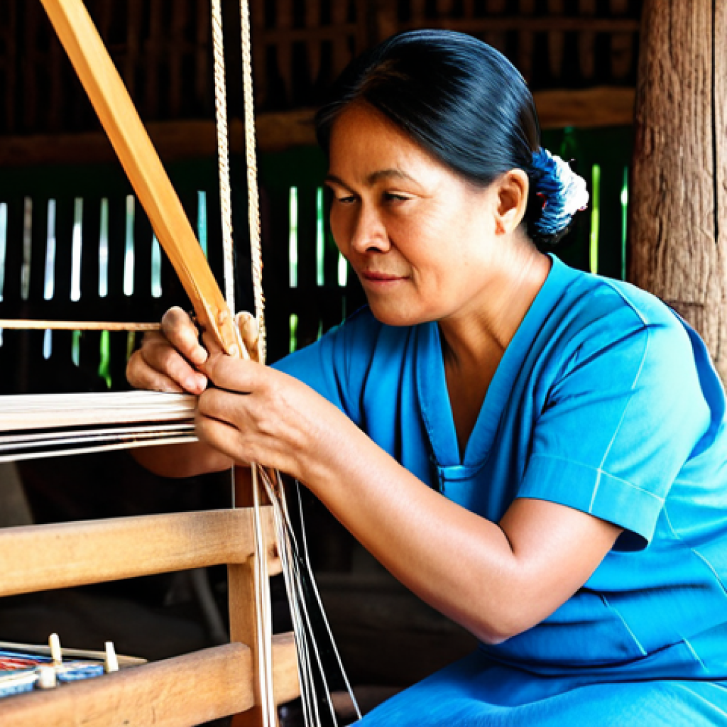 A skilled Thai artisan, a woman in her 50s, wearing modest, traditional Thai attire, meticulously weaving intricate patterns on a wooden loom within a brightly lit, rustic village workshop. Soft daylight illuminates the vibrant threads and the artisan's focused expression. In the background, a young apprentice watches attentively, symbolizing the transfer of local wisdom and heritage. The scene emphasizes community pride and sustainable craft. fully clothed, appropriate attire, safe for work, appropriate content, family-friendly, perfect anatomy, correct proportions, natural pose, well-formed hands, proper finger count, natural body proportions, professional photography, high quality.