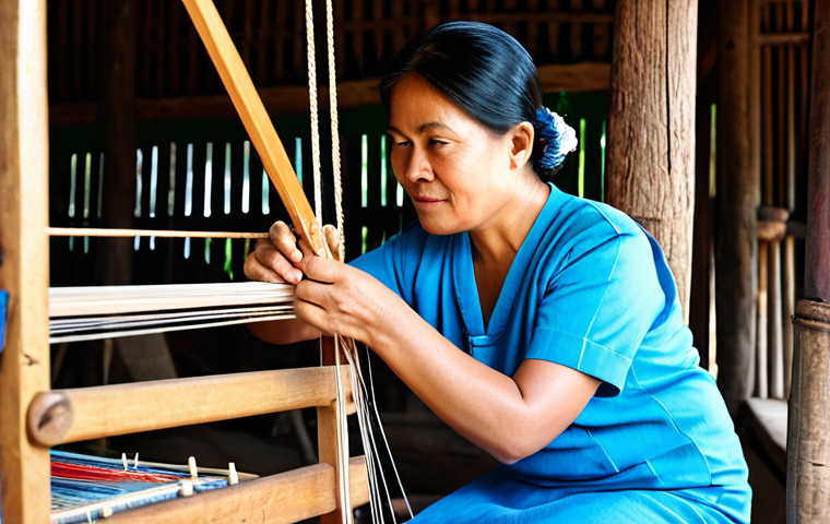 A skilled Thai artisan, a woman in her 50s, wearing modest, traditional Thai attire, meticulously weaving intricate patterns on a wooden loom within a brightly lit, rustic village workshop. Soft daylight illuminates the vibrant threads and the artisan's focused expression. In the background, a young apprentice watches attentively, symbolizing the transfer of local wisdom and heritage. The scene emphasizes community pride and sustainable craft. fully clothed, appropriate attire, safe for work, appropriate content, family-friendly, perfect anatomy, correct proportions, natural pose, well-formed hands, proper finger count, natural body proportions, professional photography, high quality.