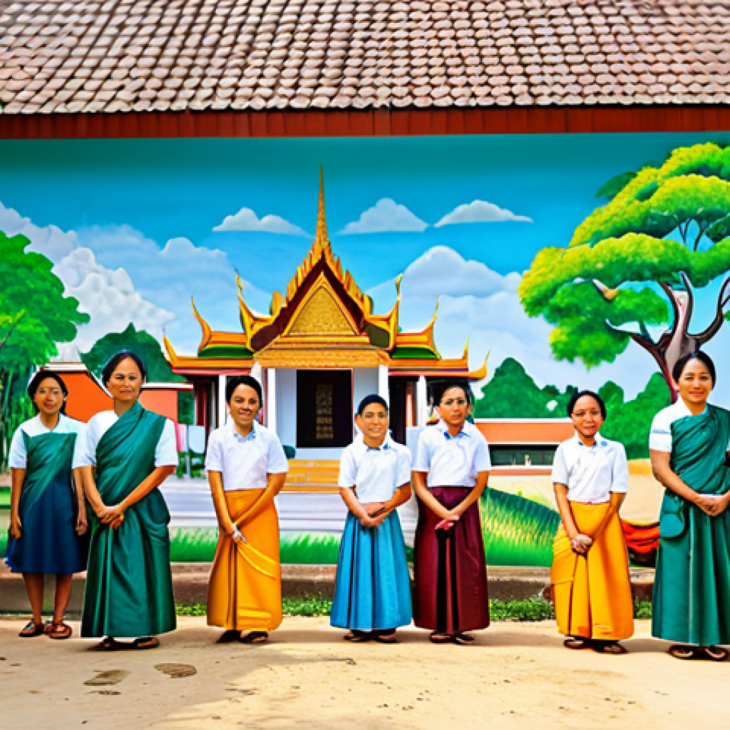Community Development in a Thai Village**
"A vibrant scene of villagers participating in a community development project in a rural Thai village. People are planting trees, cleaning up a local temple, and painting a mural depicting Thai culture. The scene is filled with smiles and a sense of community spirit, appropriate attire, fully clothed, safe for work, perfect anatomy, natural proportions, professional photography, high quality, family-friendly, bright and colorful, depicting traditional Thai clothing and architecture in the background."
**