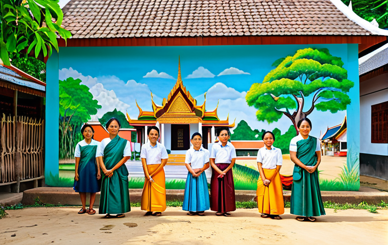 Community Development in a Thai Village**

"A vibrant scene of villagers participating in a community development project in a rural Thai village. People are planting trees, cleaning up a local temple, and painting a mural depicting Thai culture. The scene is filled with smiles and a sense of community spirit, appropriate attire, fully clothed, safe for work, perfect anatomy, natural proportions, professional photography, high quality, family-friendly, bright and colorful, depicting traditional Thai clothing and architecture in the background."

**