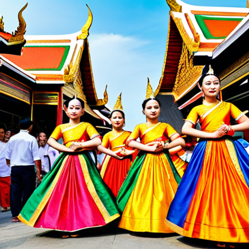 **Prompt:** A vibrant Thai cultural festival scene, showcasing traditional dancers in colorful, modest costumes performing in front of an ancient temple. The background features bustling market stalls selling local handicrafts. Safe for work, appropriate content, fully clothed figures, perfect anatomy, natural proportions, professional photography, high quality, family-friendly.