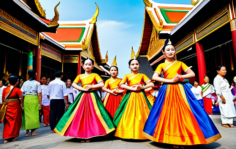 **Prompt:** A vibrant Thai cultural festival scene, showcasing traditional dancers in colorful, modest costumes performing in front of an ancient temple. The background features bustling market stalls selling local handicrafts.  Safe for work, appropriate content, fully clothed figures, perfect anatomy, natural proportions, professional photography, high quality, family-friendly.