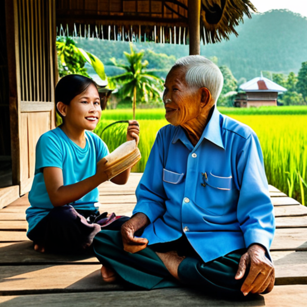 정체성을 위한 지역 아카이브 구축 방안 - A Village Elder Sharing a Story**
"A wise Thai village elder, fully clothed in traditional Thai clo...