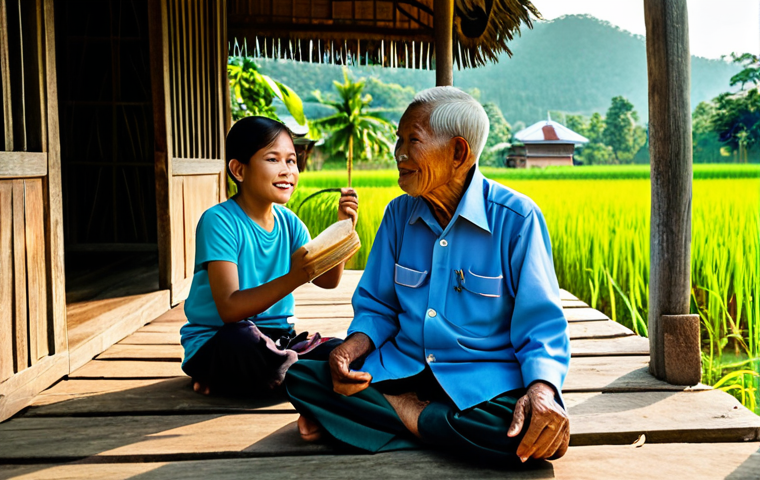 정체성을 위한 지역 아카이브 구축 방안 - A Village Elder Sharing a Story**
"A wise Thai village elder, fully clothed in traditional Thai clo...