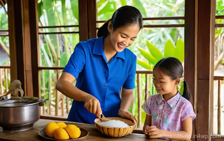 미래 세대를 위한 지역 정체성 교육 - **A joyful family cooking scene in a traditional Thai home.**
A warm and inviting atmosphere is ...