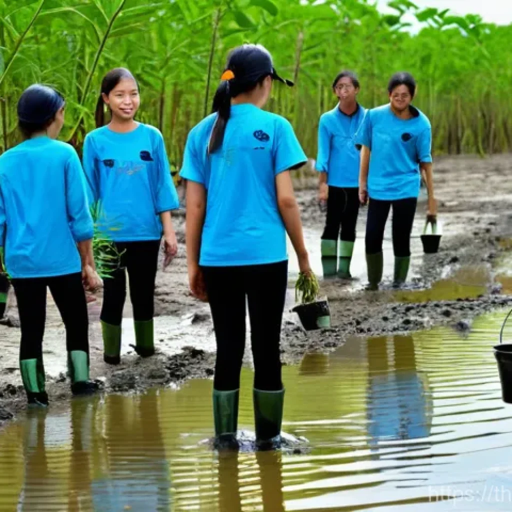 정체성 강화를 위한 지역 사회 봉사활동 - **Prompt 1: Mangrove Forest Planting**
"A vibrant group of diverse Thai volunteers, including yo...