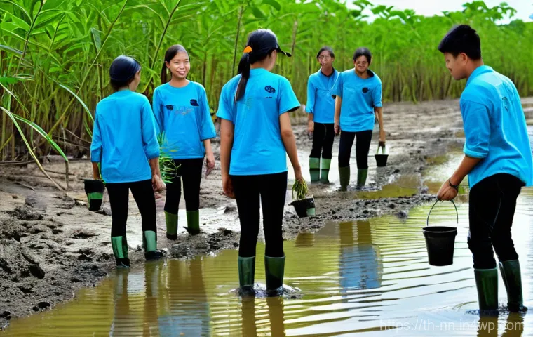 정체성 강화를 위한 지역 사회 봉사활동 - **Prompt 1: Mangrove Forest Planting**
    "A vibrant group of diverse Thai volunteers, including yo...