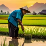 Home 18 자연 환경과 지역 정체성의 연계성 - **Thai Farmer Tending Rice Paddies at Sunset**
A serene, golden-hour wide shot of an elderly Tha...