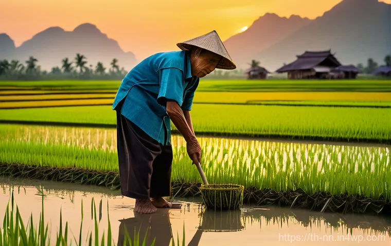 자연 환경과 지역 정체성의 연계성 - **Thai Farmer Tending Rice Paddies at Sunset**
A serene, golden-hour wide shot of an elderly Tha...