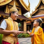 Home 17 정체성 강화를 위한 테마파크 기획 - **Prompt:** A vibrant, beautifully detailed theme park scene depicting a festive "Ancient Thai Villa...