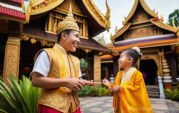 정체성 강화를 위한 테마파크 기획 - **Prompt:** A vibrant, beautifully detailed theme park scene depicting a festive "Ancient Thai Villa...
