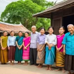Home 16 지역 정체성 강화를 위한 민속놀이 활성화 - A joyful outdoor scene in a bustling Thai village square, where children and elderly villagers are h...