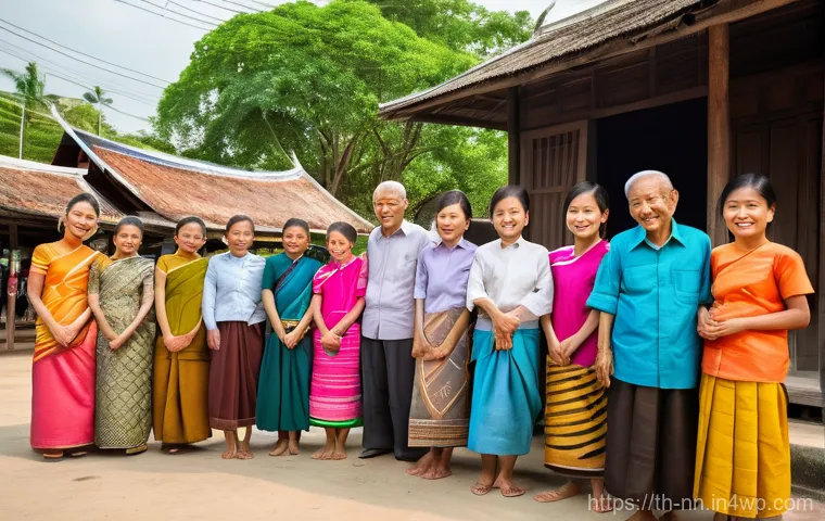 지역 정체성 강화를 위한 민속놀이 활성화 - A joyful outdoor scene in a bustling Thai village square, where children and elderly villagers are h...