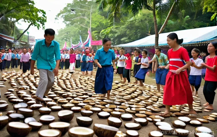 지역 정체성 강화를 위한 민속놀이 활성화 - A joyful outdoor scene in a bustling Thai village square, where children and elderly villagers are h...
