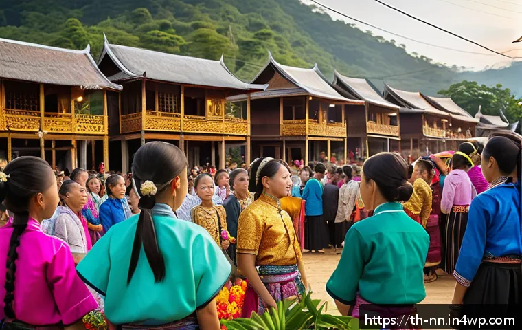 소셜미디어와 지역 정체성의 관계 - A vibrant and detailed scene of a northern Thai village festival featuring local people dressed in t...