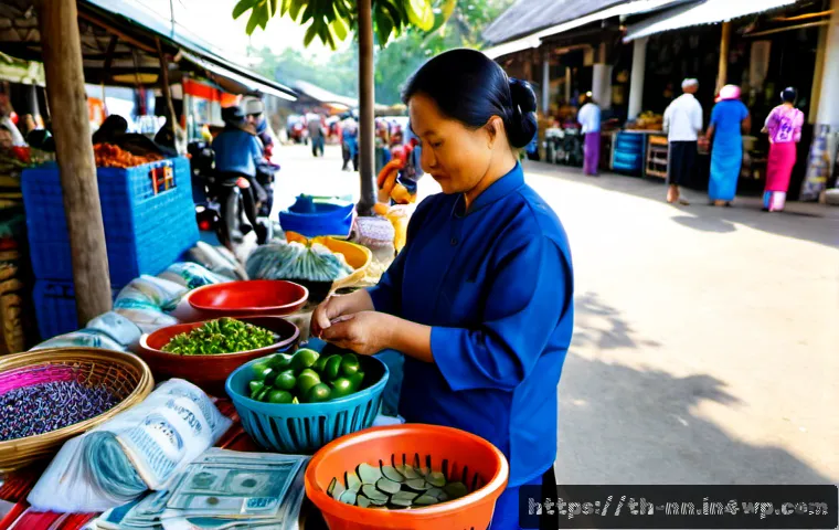 Home 29 정체성과 지역 경제의 상관관계 - Photorealistic morning scene at a vibrant Thai community market, a Thai woman vendor in modest tradi...