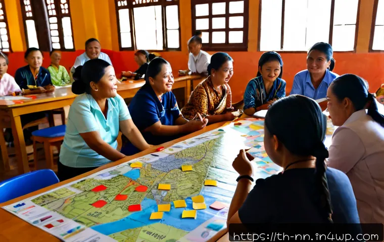 지역 정체성 강화를 위한 캠페인 기획 - Photorealistic community campaign planning workshop in a bright Thai town hall, diverse local reside...