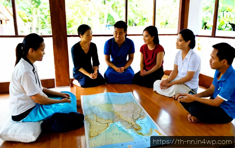 Home 29 정체성 강화를 위한 지역 청년 리더십 구축 - Photorealistic documentary-style scene of diverse Thai young adult community leaders seated in a cir...